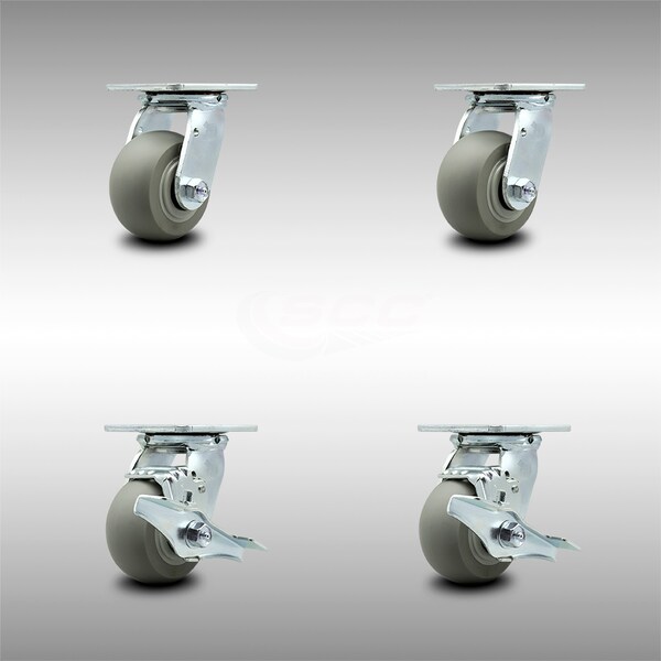 4 Inch SS Thermoplastic Rubber Swivel Caster Set with Ball Bearing 2 Brakes SCC